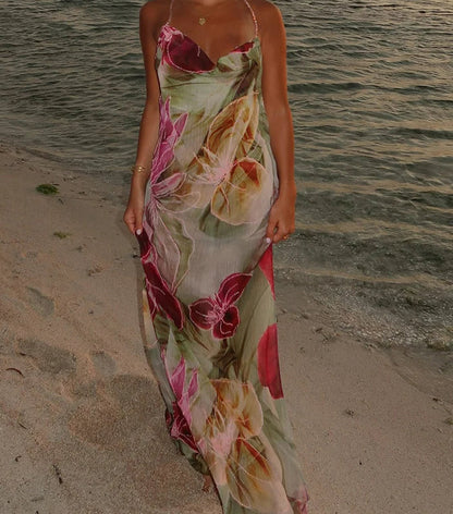 Floral Print Cowl Neck Spaghetti Strap Sheer Chiffon Maxi Dress