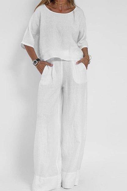 Plus Size Casual Solid Color Linen Pants Set