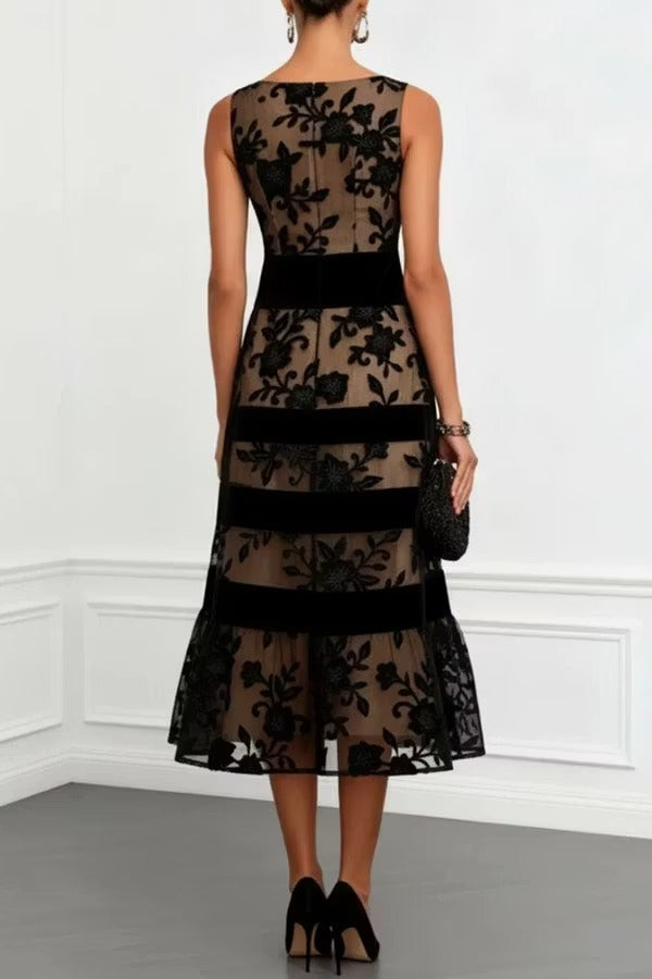 Rosmie Flower Mesh Lace Colorblock Boat Neck Sleeveless A-Line Midi Dress