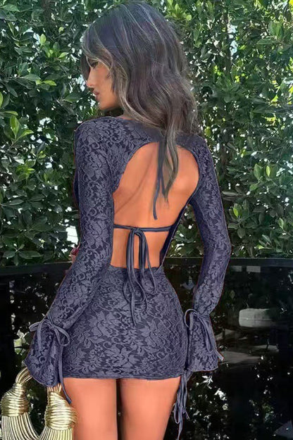 Solid Tie Lace Long Sleeve Skirt Two Piece Set