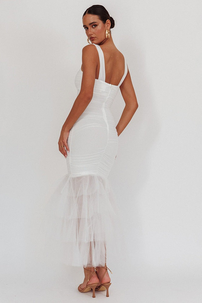 Mesh Insert Spaghetti Strap Ruched Prom Dress