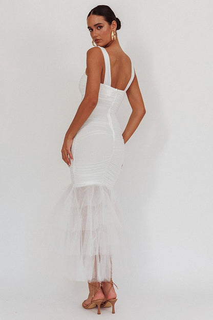 Mesh Insert Spaghetti Strap Ruched Prom Dress