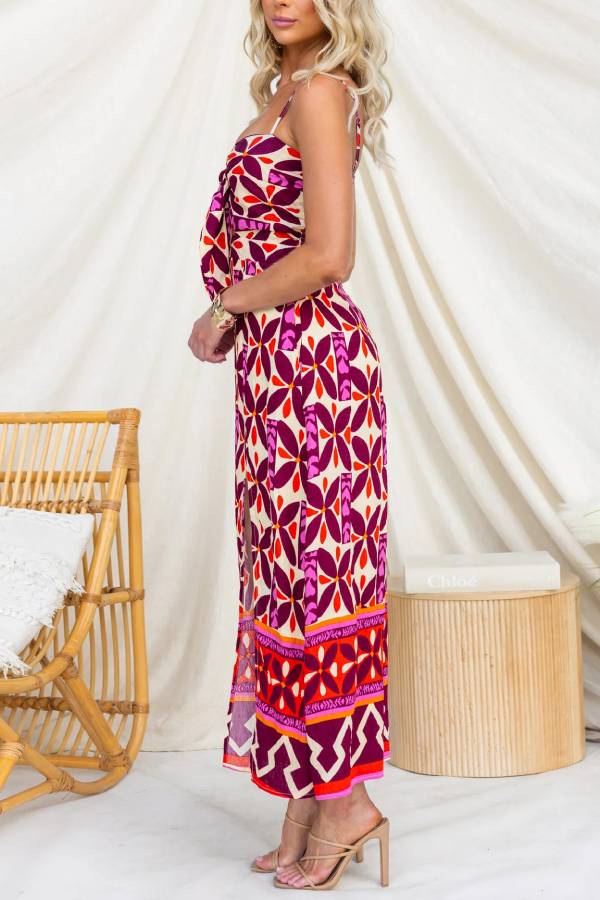 Retro Geometric Print Spaghetti Strap Maxi Dress