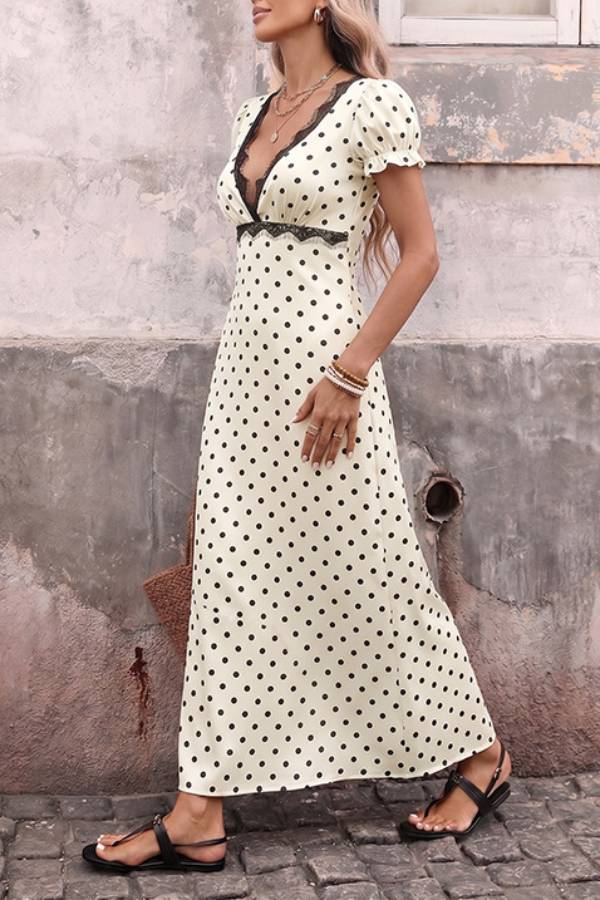French Polka Dot Lace Trim V-Neck Puff Sleeve Maxi Dress