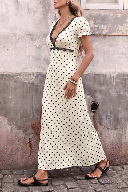 French Polka Dot Lace Trim V-Neck Puff Sleeve Maxi Dress