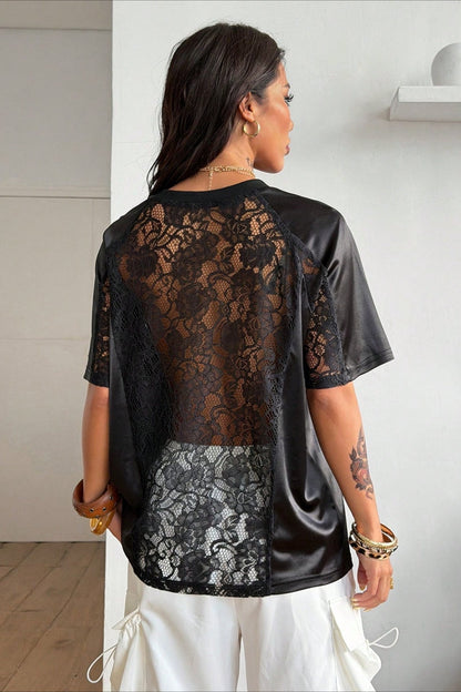 Graphic Print Lace Patchwork Loose Fit Short Sleeve Tee
