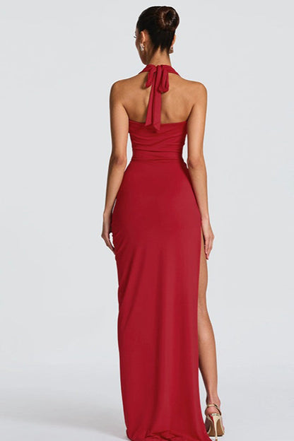 Halter Neck Deep V-Neck Cowl Draped Ruched Hip Knot High Split Maxi Dress