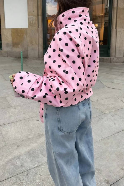 Levvie Polka Dot High Neck Long Sleeve Belted Pocket Crop Trench Jacket