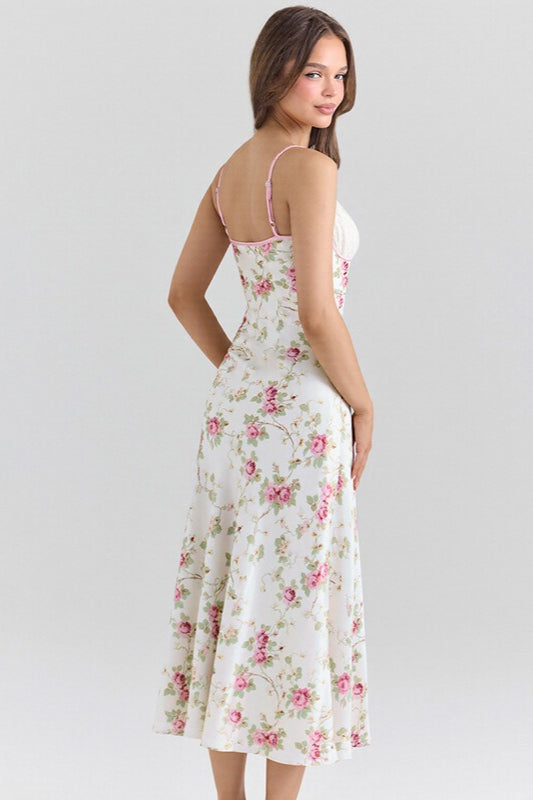 Lace Patchwork Printed V Neck Bodycon Floral Dress