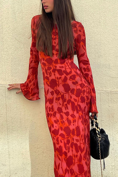 Floral Print Scoop Neck Bell Sleeve Bias Cut Maxi Dress