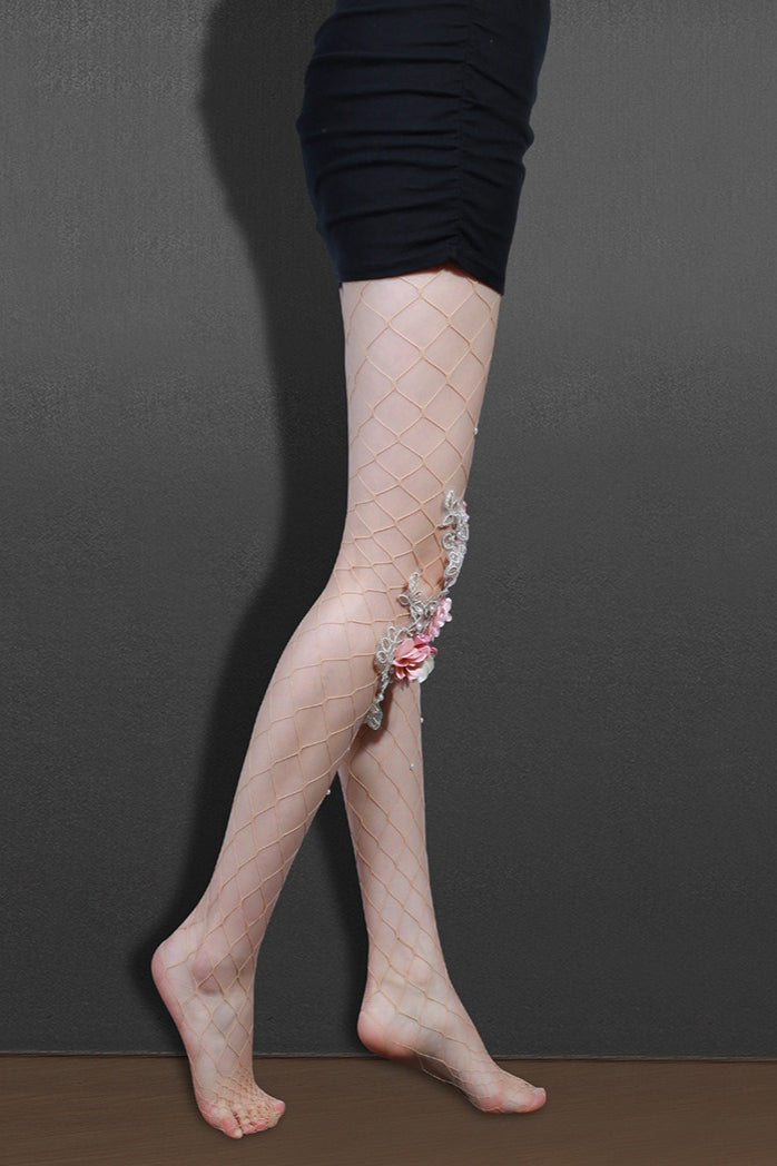 Embroidered Flower Pearl Nude Fishnet Tights