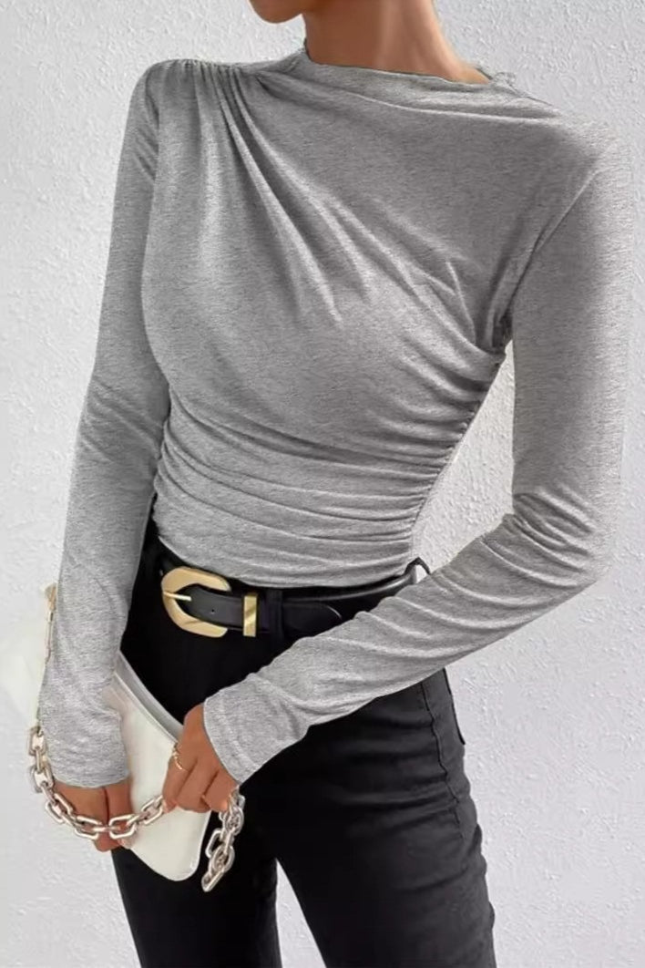 Solid Ruched Slim Fit Long Sleeve Tee