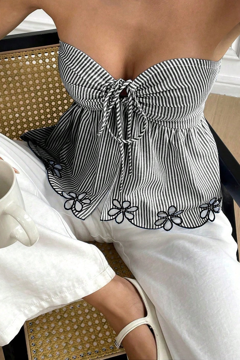 Embroidered Trim Plaid Tie Front Tube Top