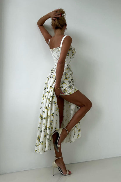Low Neck Strap High Waist Slit Floral Dress