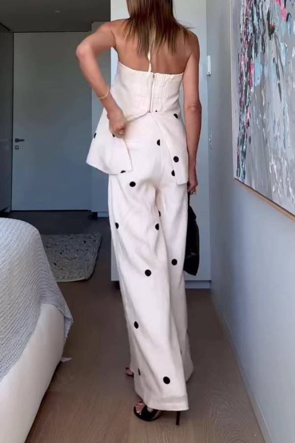 French Polka Dot Linen Tube Top & Wide-Leg Pants Set