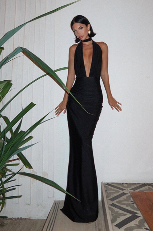 V Neck Halter Backless Solid Color Slit Formal Dress