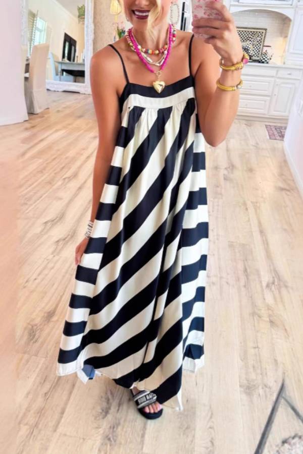 Classic Black and White Diagonal Stripe Sleeveless Loose Maxi Dress