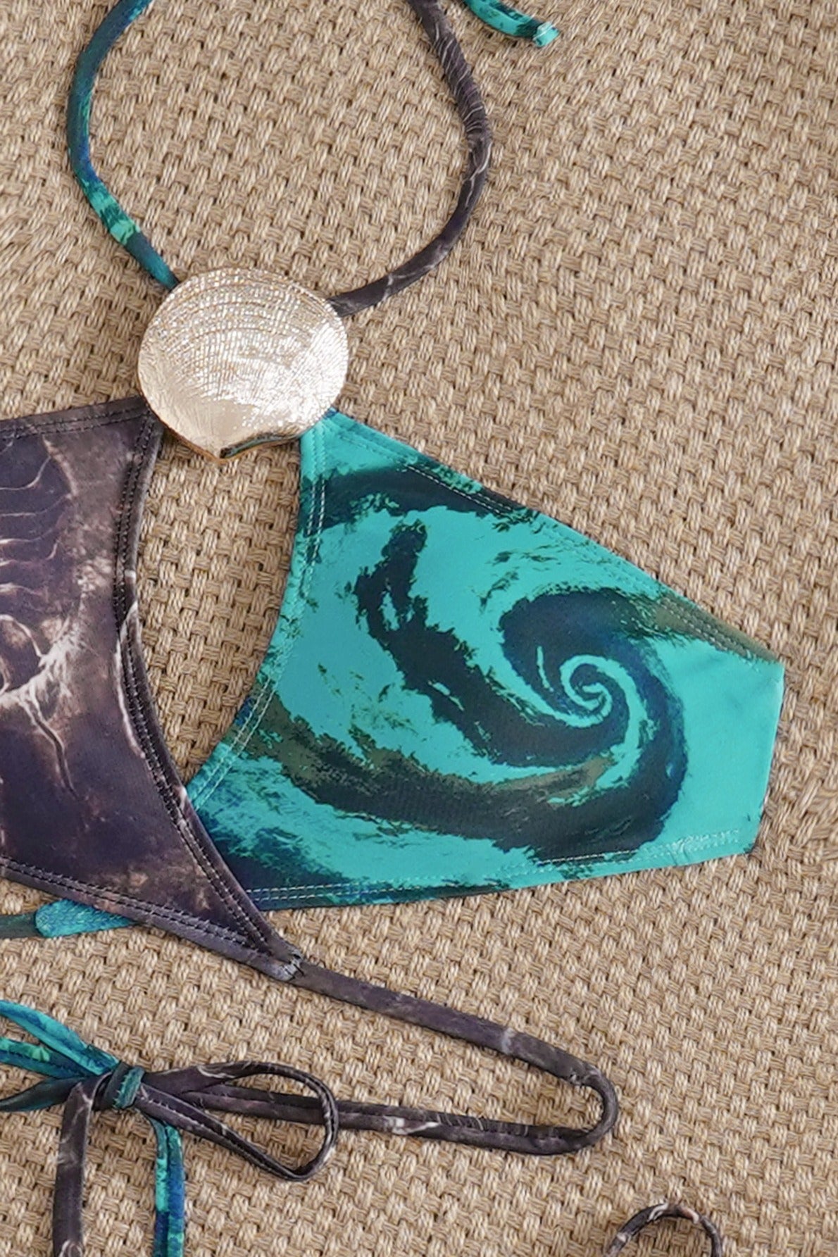 Metal Halter Blue Brown Color Block Bikini Set