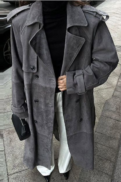 Wool Double Breasted Notched Lapel Tied Waist Overcoat