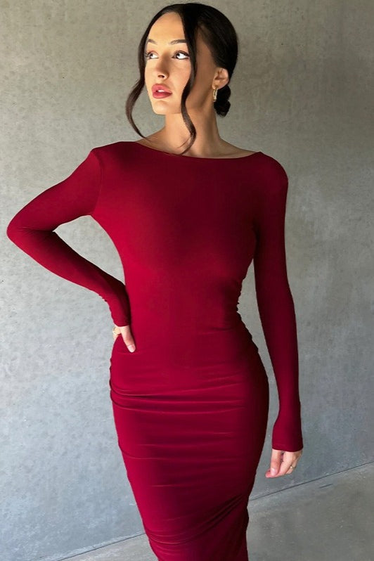 V Neck Bodycon Ruched Solid Long Sleeve Formal Dress