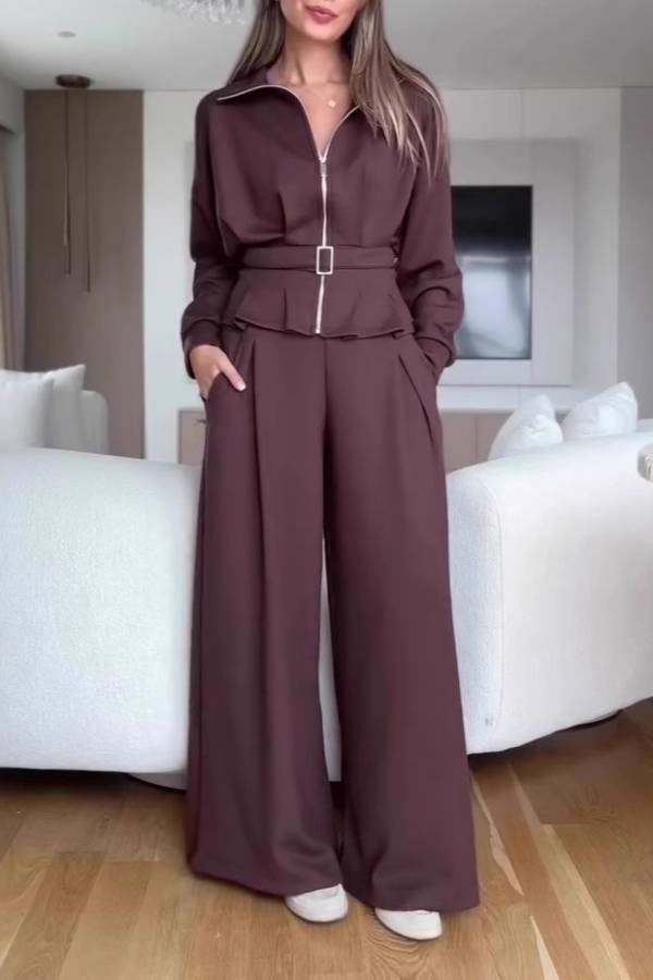 Stand Collar Zip Waist Cinched Wide Leg Pants Matching Set Elegant Two Piece Co-Ord