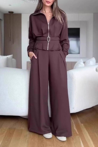 Stand Collar Zip Waist Cinched Wide Leg Pants Matching Set Elegant Two Piece Co-Ord