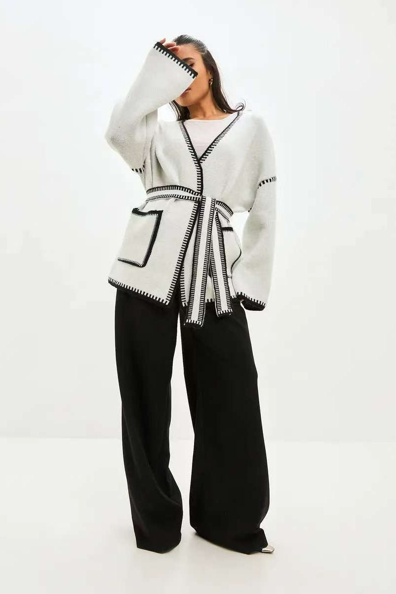 Tie Front Color Block Cardigan