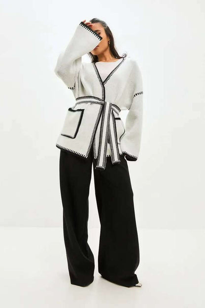 Tie Front Color Block Cardigan