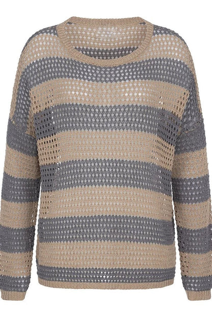 Stylish Knit Color-blocked Stripes Cutout Wide Neck Long Sleeve Relaxed Sweater