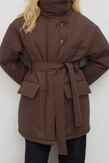 Longline Cotton Tie Waist Puffer Jacket