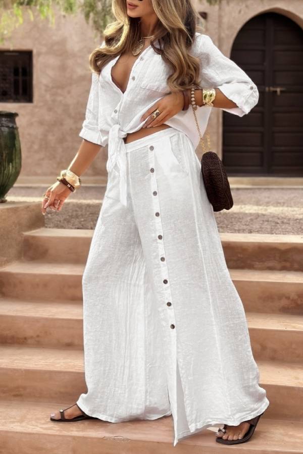 Tie Front Linen Shirt & Side Slit Wide Leg Pants Two-piece Set