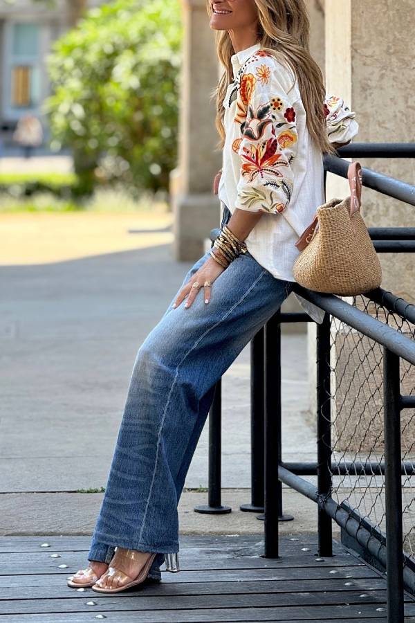 Bohemian Floral Embroidered Linen Shirt
