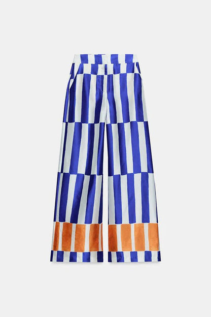 Chic Day Color-block Stripes Print High Rise Pocketed Wide Leg Pants