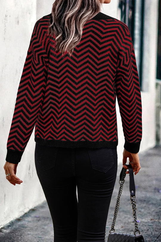 Long Sleeve V Neck Open Front Striped Knit Cardigan Sweaters