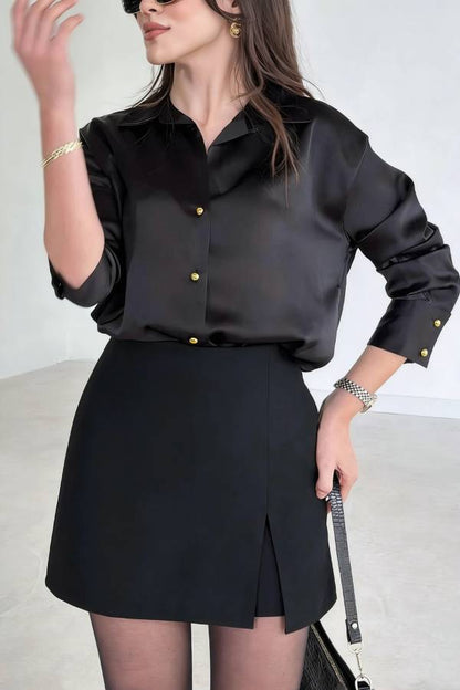 Solid Color Silk Satin Texture Single-breasted Long-sleeved Loose Shirt