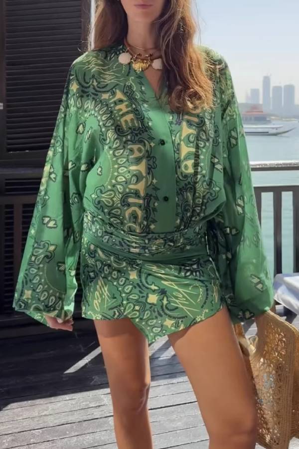 Paisley Print Waist-Cinched Shirt Dress