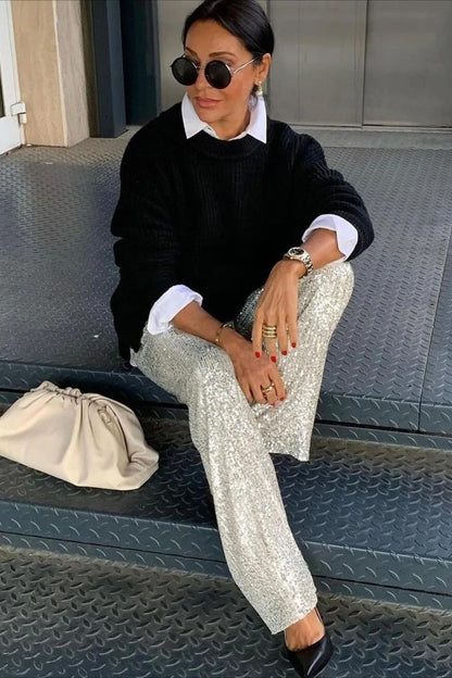 Sequin Straight Leg Casual Pants