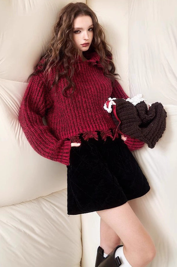 Solid Color Tassel Trim Short Chunky Sweater