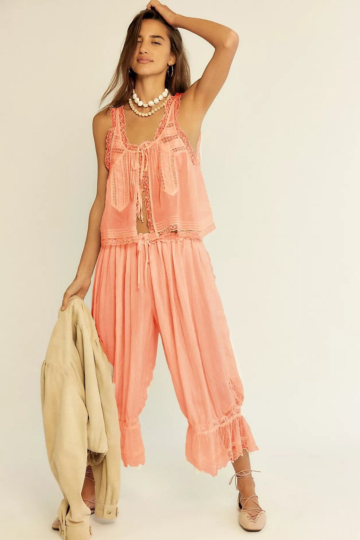 Patchwork Lace Sleeveless Top Boho Pants Set