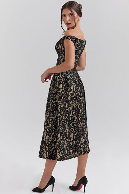 Off Shoulder Floral Lace Overlap Panel Fit and Flare Midi Dress