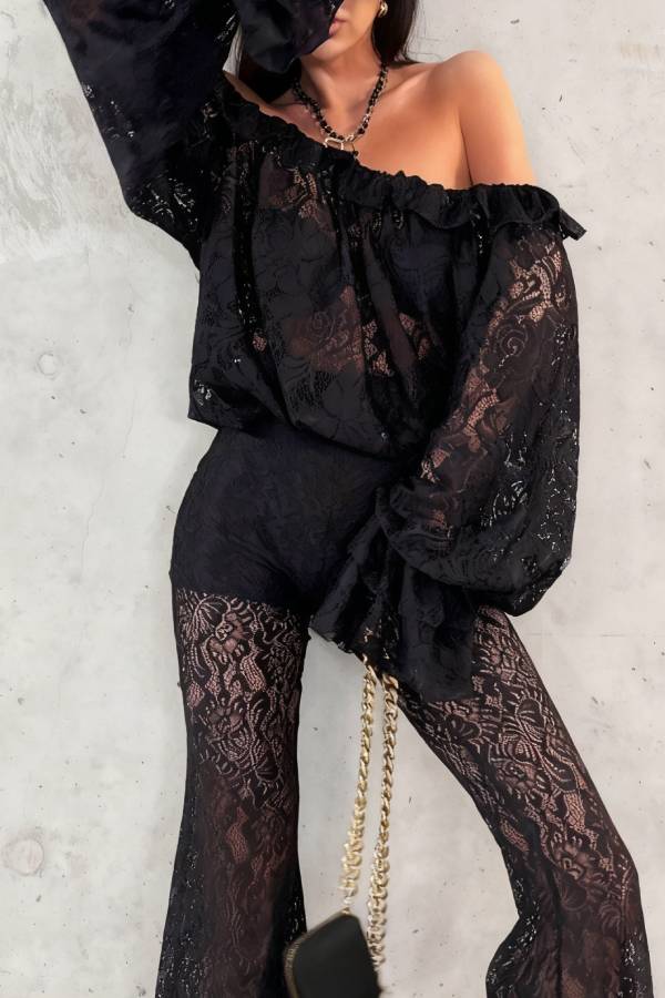 Black lace flared pants