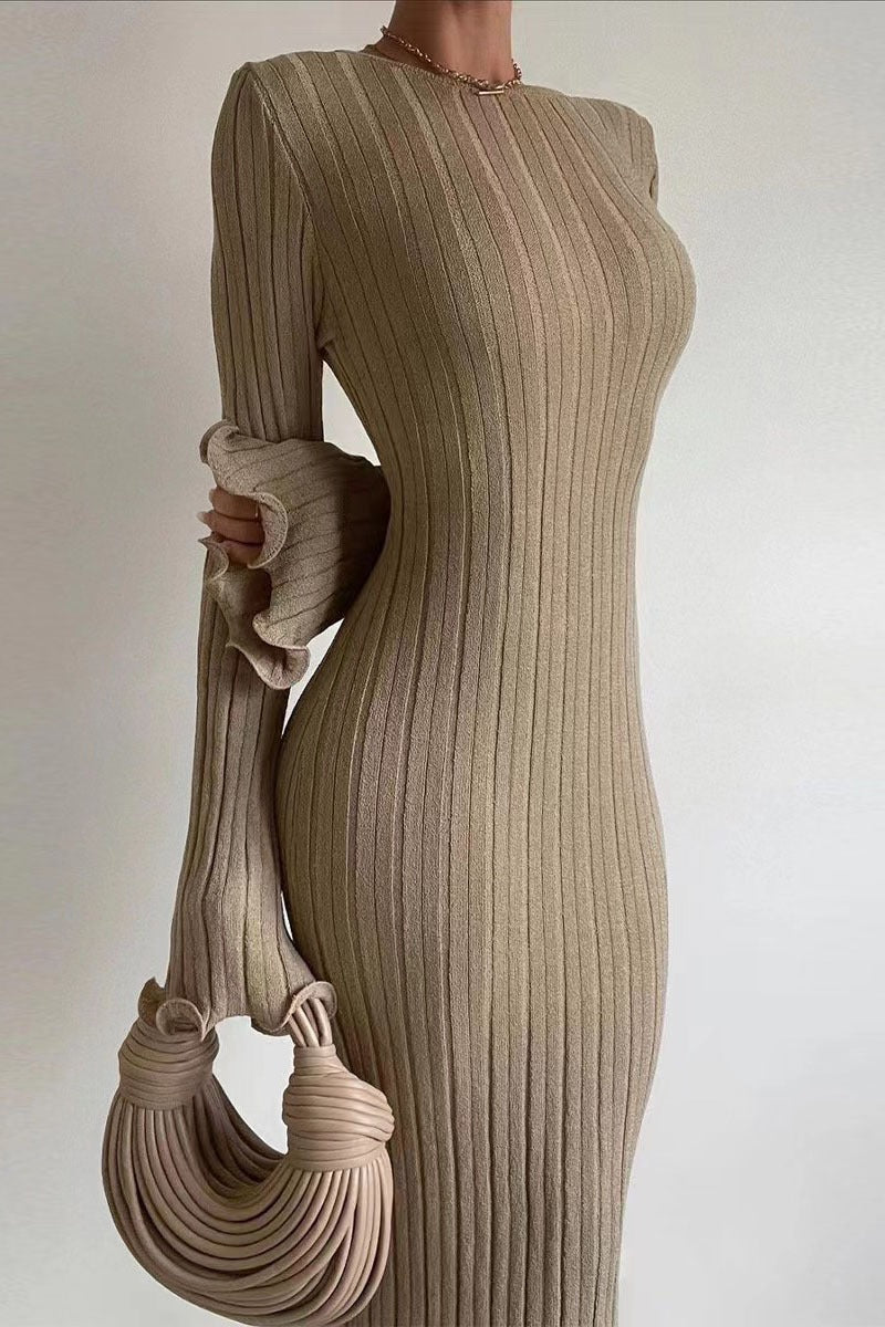 Bodycon Ruffled Long Sleeve Knit Maxi Sweater Dress