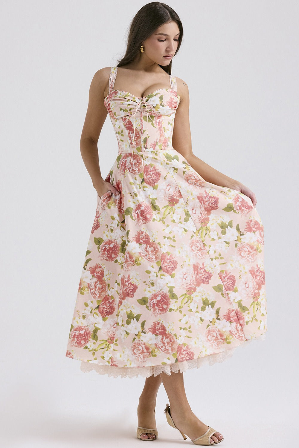 Elegant Strap Slim Midi Floral Dress