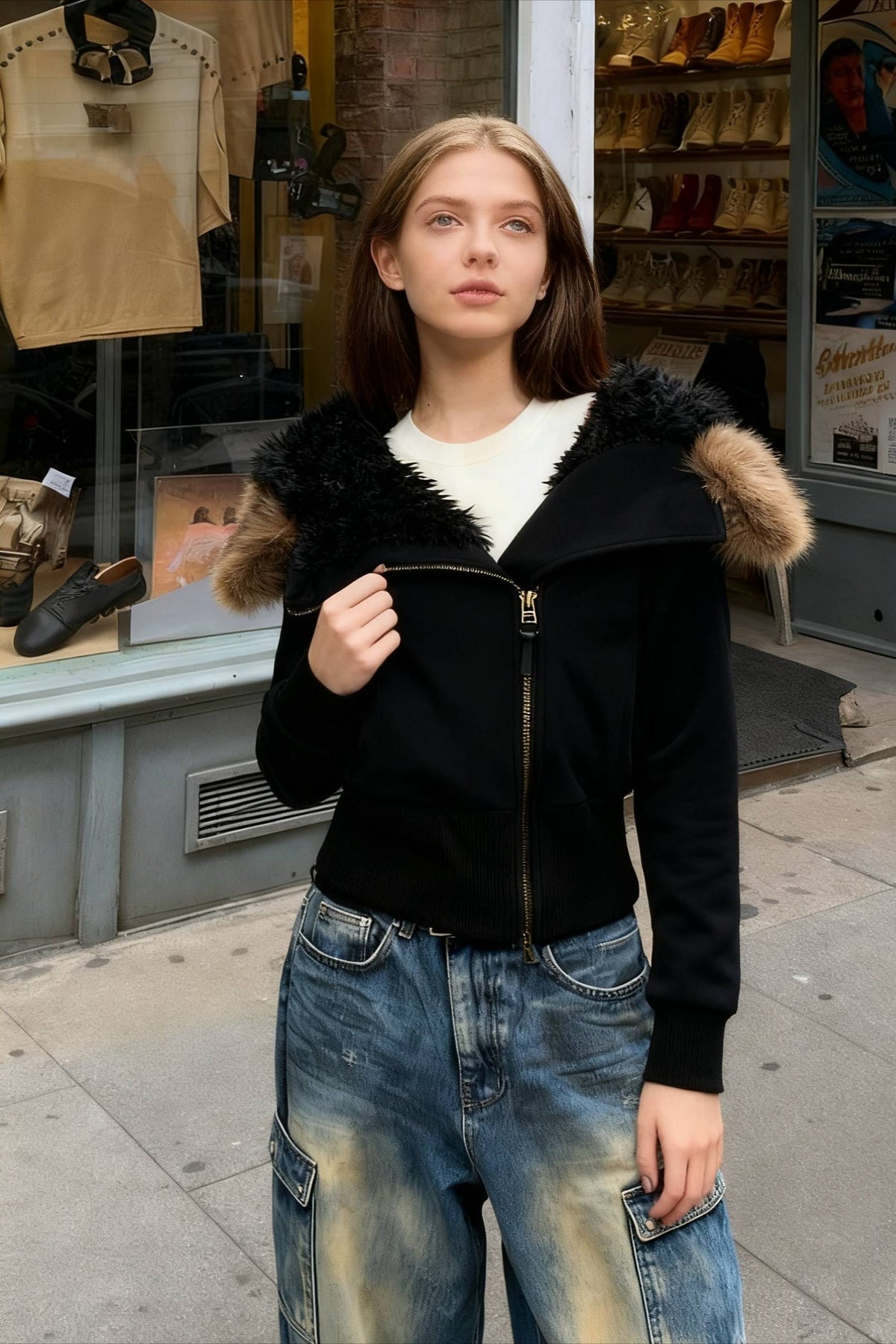 Fleece-Lined Hooded Fur-Collar Zip Short Jacket