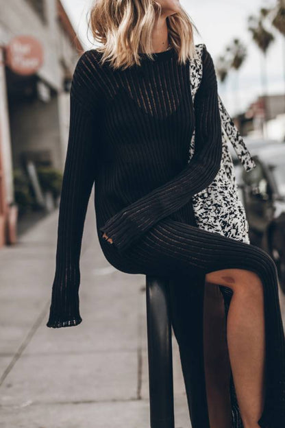 Change Season Sheer Knit Long Sleeve Ribbed Trim Slit Midi Dress