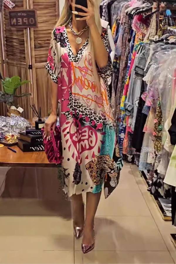 Graffiti Print Leopard Trim V-Neck Loose Dress