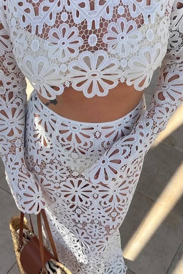 Cutout Floral Lace Crop Top & Maxi Skirt Two-Piece Set