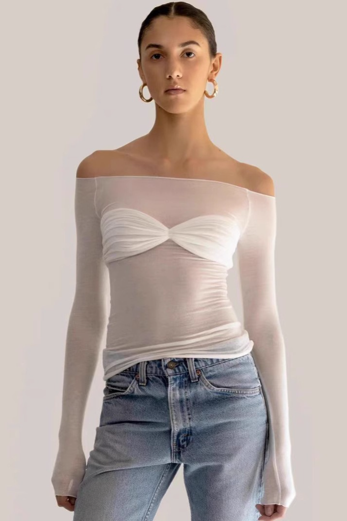 Sheer Ruched Faux Two-Piece Off Shoulder Crop Top