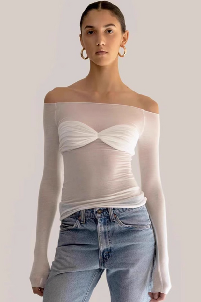 Sheer Ruched Faux Two-Piece Off Shoulder Crop Top