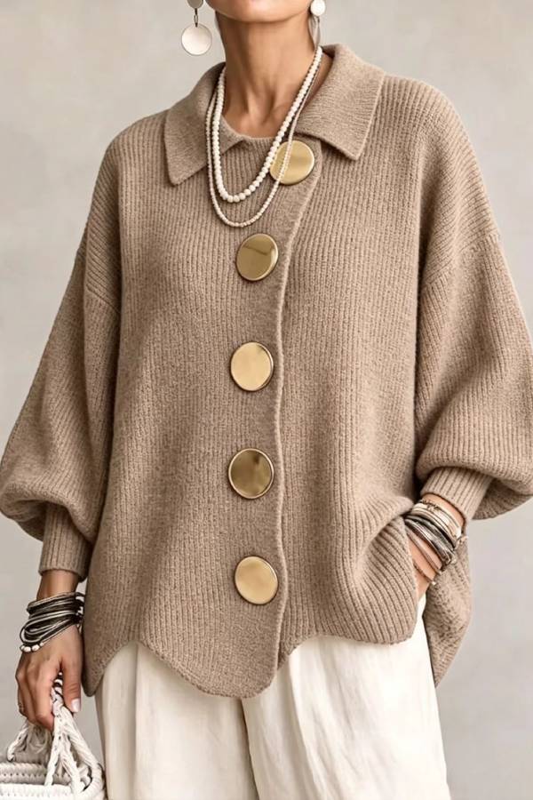 Big Metal Button Collared Lantern Sleeve Knit Cardigan